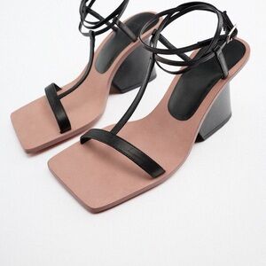 Zara Black Strappy T-Strap Wedge Sandals with Blush Insole